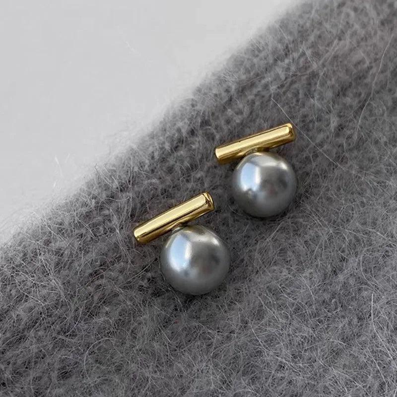Grey Pearl Metal Earrings Copper Post Studs Fancy Jewelry Girls' Gift