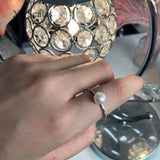Freshwater Flat Round Pearl Ring 7-8mm Texture Inlaid Open Adjustable Size