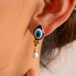 18K Plated Stainless Steel Oval Drop Pearl Devil's Eye Earrings