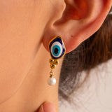 18K Plated Stainless Steel Oval Drop Pearl Devil's Eye Earrings