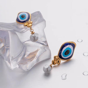 18K Plated Stainless Steel Oval Drop Pearl Devil's Eye Earrings