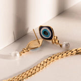18K Plated Stainless Steel Oval Drop Pearl Devil's Eye Earrings