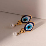 18K Plated Stainless Steel Oval Drop Pearl Devil's Eye Earrings