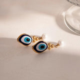 18K Plated Stainless Steel Oval Drop Pearl Devil's Eye Earrings