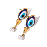 18K Plated Stainless Steel Oval Drop Pearl Devil's Eye Earrings