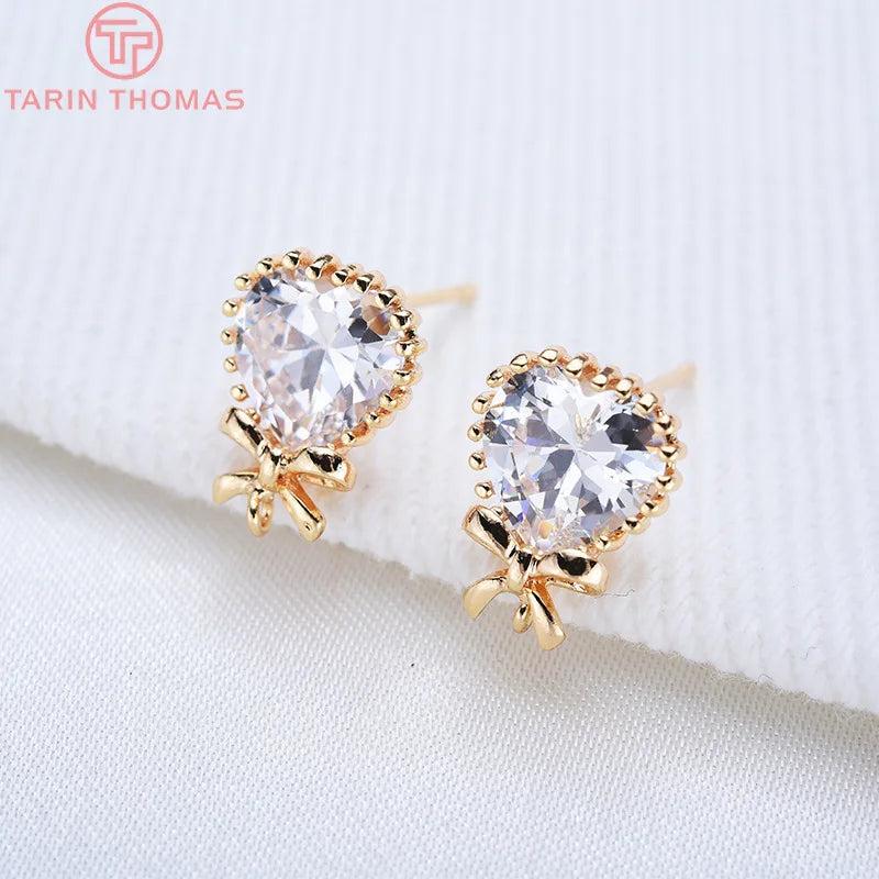 4PCS 10x13MM 24K Plated Heart Bow Zircon Stud Earrings DIY Jewelry Findings