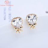 4PCS 10x13MM 24K Plated Heart Bow Zircon Stud Earrings DIY Jewelry Findings