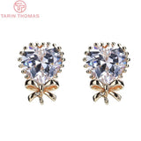 4PCS 10x13MM 24K Plated Heart Bow Zircon Stud Earrings DIY Jewelry Findings