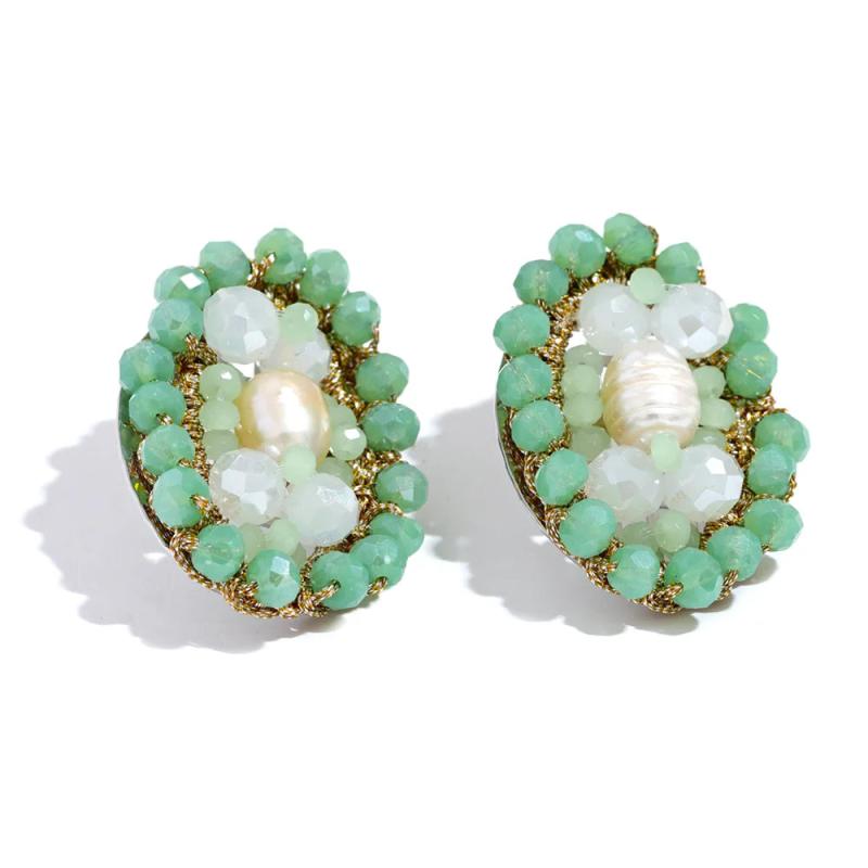 Green Crystal Beads Pearl Oval Stud Earrings Stainless Steel Jewelry