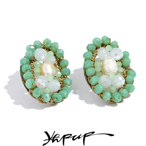 Green Crystal Beads Pearl Oval Stud Earrings Stainless Steel Jewelry