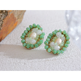 Green Crystal Beads Pearl Oval Stud Earrings Stainless Steel Jewelry