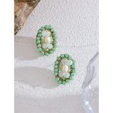 Green Crystal Beads Pearl Oval Stud Earrings Stainless Steel Jewelry