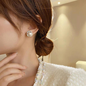 Spiral Zircon Pearl Earrings, 14K Plated, Christmas Party Girls Accessories