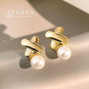 Metal X-shaped Pearl Pendant Stud Earrings Girl's Accessories