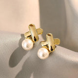 Metal X-shaped Pearl Pendant Stud Earrings Girl's Accessories