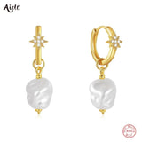 925 Silver Pearl Star Hoop Earrings Zircon Pendant Gift