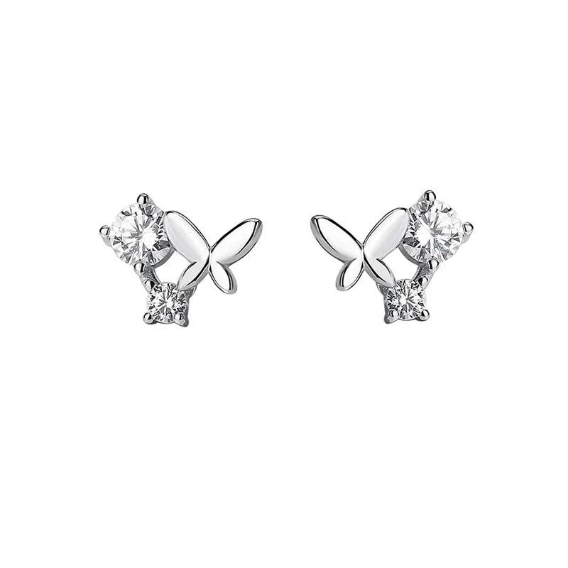 925 Silver Zircon Butterfly Stud Earrings Women Minimalist Jewelry