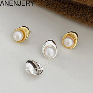 Geometric Pearl Stud Earrings Golden Silver Party Jewelry