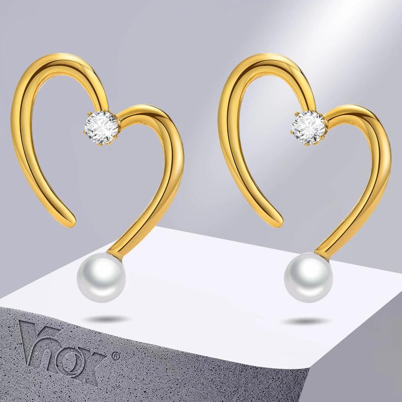 Gold Heart Stud Earrings with CZ Stone & Pearl