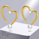 Gold Heart Stud Earrings with CZ Stone & Pearl