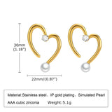 Gold Heart Stud Earrings with CZ Stone & Pearl