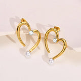 Gold Heart Stud Earrings with CZ Stone & Pearl