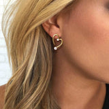 Gold Heart Stud Earrings with CZ Stone & Pearl