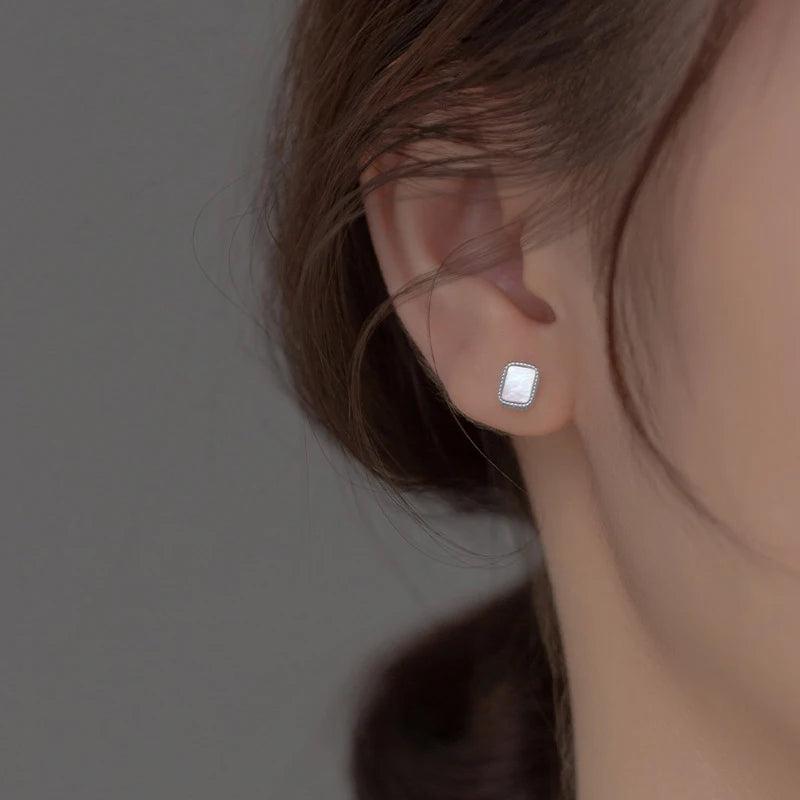 925 Silver Shell Pearl Earrings Women Fine Wedding Gift Rectangle Ear Studs