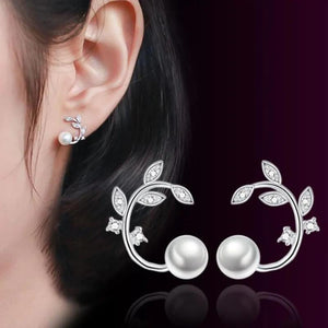 Silver Plated Stud Earrings Retro CZ Flower Pearl Jewelry