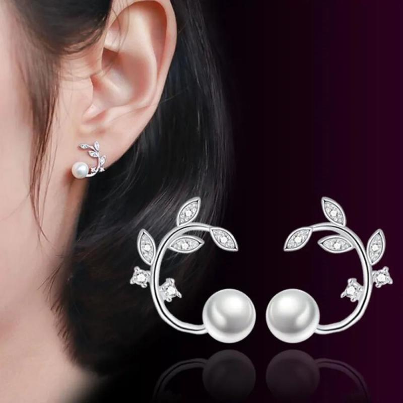 Silver Plated Stud Earrings Retro CZ Flower Pearl Jewelry