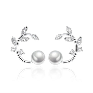 Silver Plated Stud Earrings Retro CZ Flower Pearl Jewelry