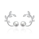 Silver Plated Stud Earrings Retro CZ Flower Pearl Jewelry