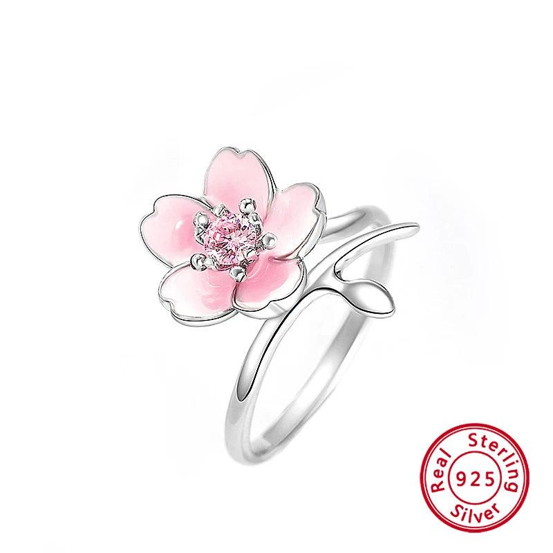 Adjustable Zircon Sakura Ring 925 Silver Women Jewelry Gift