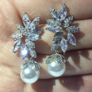 Dangle Drop Pearl CZ Flower Earrings for Women Jewelry