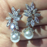 Dangle Drop Pearl CZ Flower Earrings for Women Jewelry