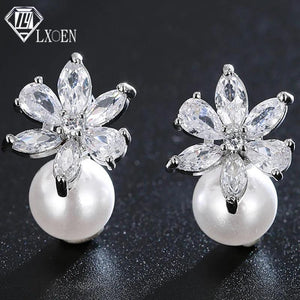 Dangle Drop Pearl CZ Flower Earrings for Women Jewelry