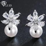 Dangle Drop Pearl CZ Flower Earrings for Women Jewelry