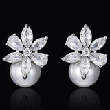 Dangle Drop Pearl CZ Flower Earrings for Women Jewelry