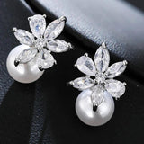 Dangle Drop Pearl CZ Flower Earrings for Women Jewelry