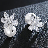 Dangle Drop Pearl CZ Flower Earrings for Women Jewelry