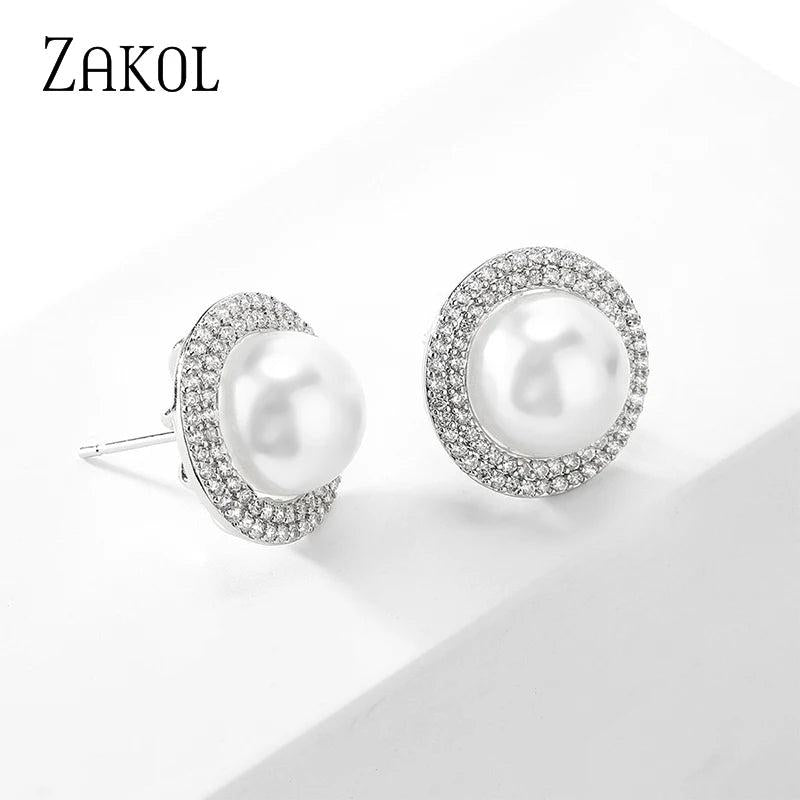Round Pearl Stud Earrings Women Bridal Wedding Jewelry