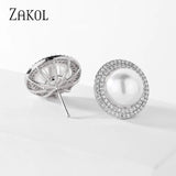 Round Pearl Stud Earrings Women Bridal Wedding Jewelry