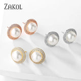Round Pearl Stud Earrings Women Bridal Wedding Jewelry