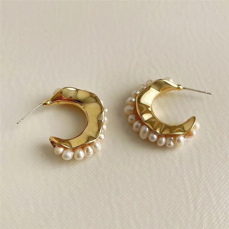 Silver Freshwater Pearl Earrings C Shape Hip-hop Punk