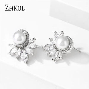Round Pearl Stud Earrings CZ Leaf Earring Wedding