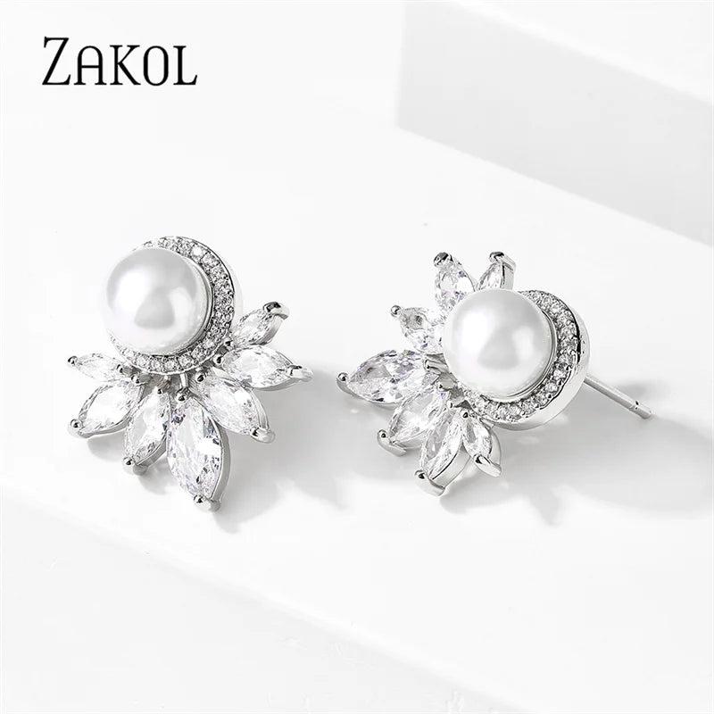 Round Pearl Stud Earrings CZ Leaf Earring Wedding