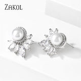 Round Pearl Stud Earrings CZ Leaf Earring Wedding