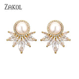 Round Pearl Stud Earrings CZ Leaf Earring Wedding