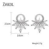 Round Pearl Stud Earrings CZ Leaf Earring Wedding