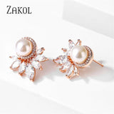 Round Pearl Stud Earrings CZ Leaf Earring Wedding
